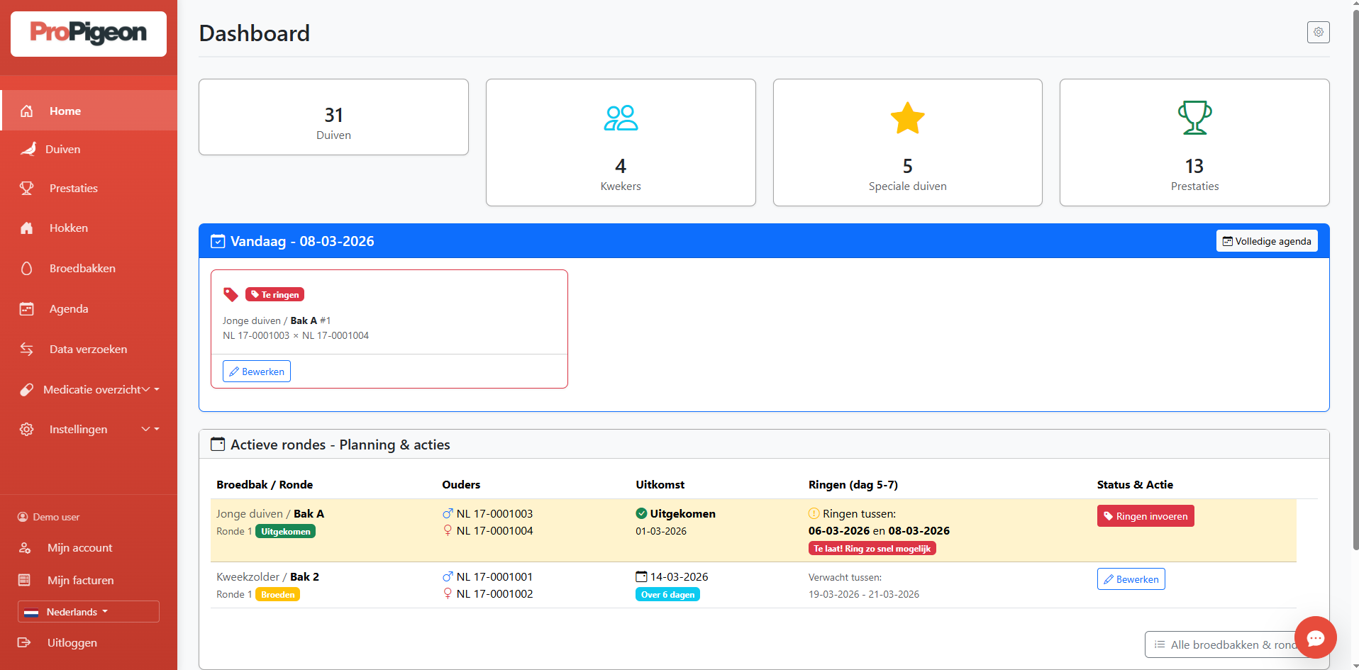 Screenshot della dashboard di ProPigeon